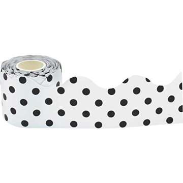 Teacher Created Resources Black Polka Dots on White Scalloped Rolled Border Trim - 50ft - Decorate Bulletin Boards, Walls, Desks, Windows, Doors, Lockers, Schools, Classrooms, Homeschool & Offices