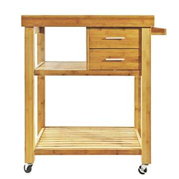 Clevr Rolling Bamboo Wood Kitchen Island Cart Trolley, Cabinet w/Towel Rack Drawer Shelves