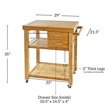 Clevr Rolling Bamboo Wood Kitchen Island Cart Trolley, Cabinet w/Towel Rack Drawer Shelves