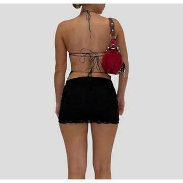 Juakoso Women 2 Piece Lace Patchwork Mini Skirt Sets Outfits Y2k Sleeveless Sheer Mesh Cami Crop Top Bodycon Short Skirt