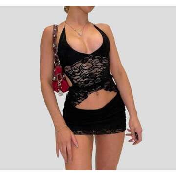 Juakoso Women 2 Piece Lace Patchwork Mini Skirt Sets Outfits Y2k Sleeveless Sheer Mesh Cami Crop Top Bodycon Short Skirt