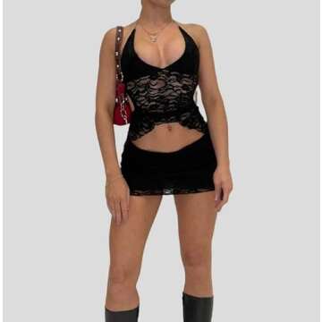 Juakoso Women 2 Piece Lace Patchwork Mini Skirt Sets Outfits Y2k Sleeveless Sheer Mesh Cami Crop Top Bodycon Short Skirt