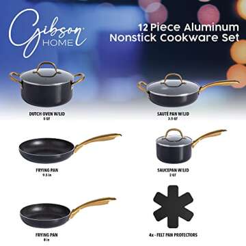 Gibson Home 12 Piece Heavy Gauge Nonstick Induction Aluminum Cookware Set w/Felt Protector - Black w...