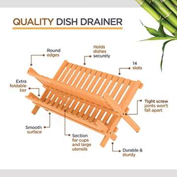 Dish Drying Rack - Collapsible 2-Tier Bamboo Dish Drainer Kitchen Plate Rack for Kitchen Countertop - Foldable & Compact for Space-Saving Storage