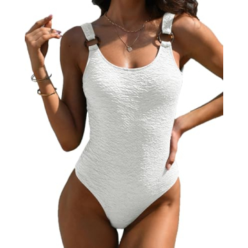 Limeeke Women's One Piece Swimsuit Textured Low Back Swimwear High Cut Monokini Bathing Suit White S