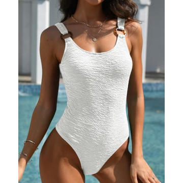 Limeeke Women's One Piece Swimsuit Textured Low Back Swimwear High Cut Monokini Bathing Suit White S