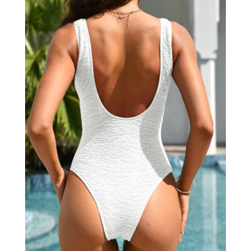 Limeeke Women's One Piece Swimsuit Textured Low Back Swimwear High Cut Monokini Bathing Suit White S