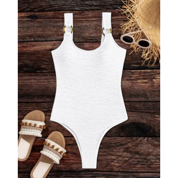 Limeeke Women's One Piece Swimsuit Textured Low Back Swimwear High Cut Monokini Bathing Suit White S