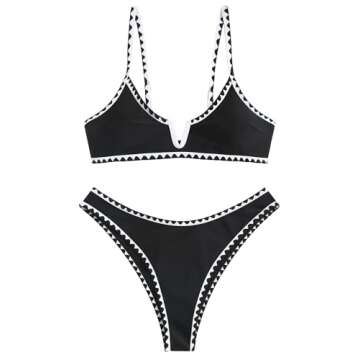 ZAFUL Women's High Cut Bikini Sets Ribbed V-Wire Cami Swimsuit in Black