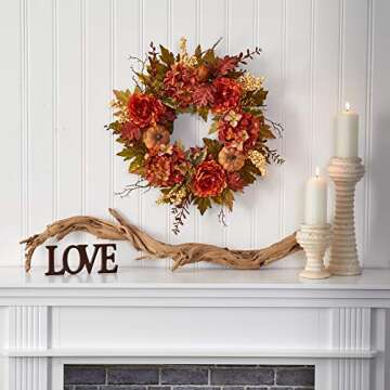 Nearly Natural 24in. Peony, Hydrangea and Pumpkin Fall Artificial Wreath