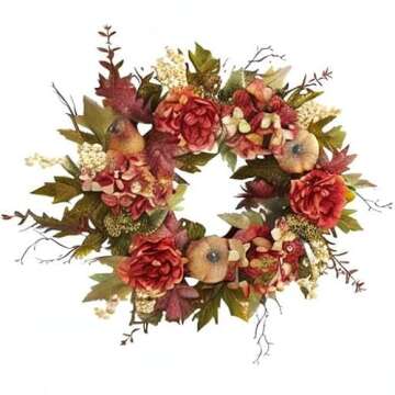 Nearly Natural 24in. Peony, Hydrangea and Pumpkin Fall Artificial Wreath
