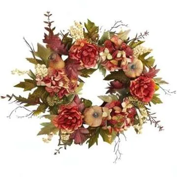 Nearly Natural 24in. Peony, Hydrangea and Pumpkin Fall Artificial Wreath