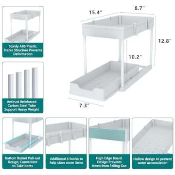 DEKAVA Cabinet, 2 Pack Under Sink Organizer, 2 Tier Sliding Bathroom Kitchen Organizer, Large White ABS Baskets, Easy Install & Clean