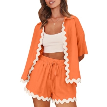 Shy Velvet Lounge Sets for Women Two Piece Sets Summer Pajama Sets Linen Cotton Vacation Outfits Wit...