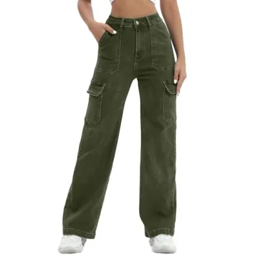 ETTELO Women Cargo Jeans High Waist Y2K Straight Leg Trendy StretchyArmy Green Lightweight Jeans for...