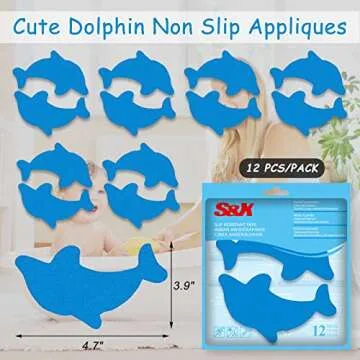 S&X Bathtub Non Slip Stickers,Grippy Dolphin Adhesive Treads – Fine Gritty Textured Surface – Pack of 12 Shower Floor Non Slip Stickers – Comfortable Grip On Slipper Surfaces