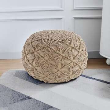 Lane Linen Pouf Ottoman Hand Knitted Cable Style Pouf - Macramé Pouf - Floor Ottoman - 100% Cotton Braid Cord - Handmade & Hand Stitched - Truly one of a Kind Seating - 20 Diameter x 14 Height - Linen