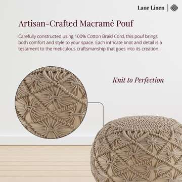 Lane Linen Pouf Ottoman Hand Knitted Cable Style Pouf - Macramé Pouf - Floor Ottoman - 100% Cotton Braid Cord - Handmade & Hand Stitched - Truly one of a Kind Seating - 20 Diameter x 14 Height - Linen