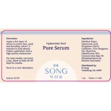 Dr Song Pure Hyaluronic Acid Serum, Korean Skin Care Moisturizer, Anti Aging Korean Beauty (1 Fl Oz)