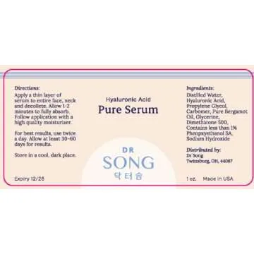 Dr Song Pure Hyaluronic Acid Serum, Korean Skin Care Moisturizer, Anti Aging Korean Beauty (1 Fl Oz)