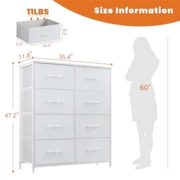 DUMOS Dresser for Bedroom with 8 Fabric Drawers, Tall Chest Organizer Units for Clothing, Closet, Kidsroom, Storage Tower with Cabinet, Metal Frame, Wooden Top, Lightweight Nursery Furniture, White