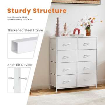 DUMOS Dresser for Bedroom with 8 Fabric Drawers, Tall Chest Organizer Units for Clothing, Closet, Kidsroom, Storage Tower with Cabinet, Metal Frame, Wooden Top, Lightweight Nursery Furniture, White