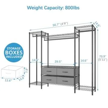 VIPEK V20 Wire Garment Rack Heavy Duty Clothes Rack, Metal Clothing Rack with 6 Shelves, 3 Hang Rods & 4 Fabric Drawers, Compact Freestanding Closet Wardrobe, 56.7" L x 14.6" W x 70.9" H, Black