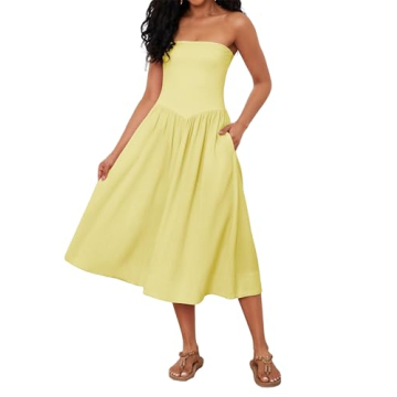 OLAPTA Women Strapless Tube Top Maxi Dress - Flattering Patchwork Design with Pockets!