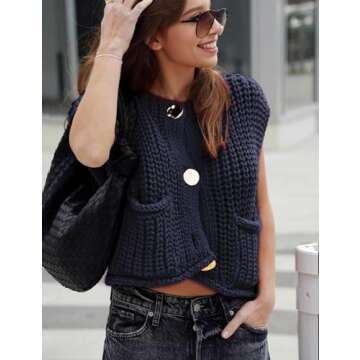 YKR Womens Chunky Knit Sweater Vest Sleeveless Button Down Cropped Cardigan Casual Knitted Crochet Vest with Pockets Navy