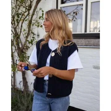 YKR Womens Chunky Knit Sweater Vest Sleeveless Button Down Cropped Cardigan Casual Knitted Crochet Vest with Pockets Navy