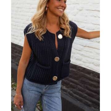 YKR Womens Chunky Knit Sweater Vest Sleeveless Button Down Cropped Cardigan Casual Knitted Crochet Vest with Pockets Navy