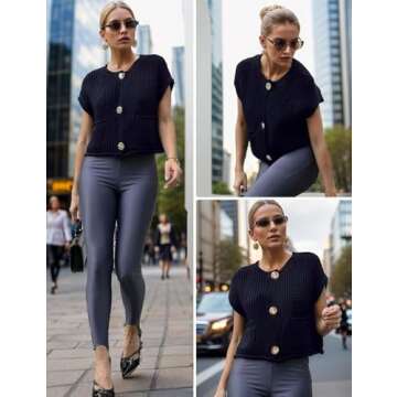 YKR Womens Chunky Knit Sweater Vest Sleeveless Button Down Cropped Cardigan Casual Knitted Crochet Vest with Pockets Navy