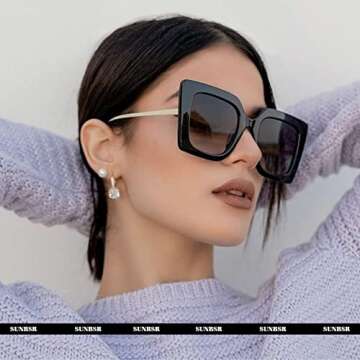 SUNBSR Fashion Oversized Square Sunglasses for Women Classic Big Frame Trendy Cute Cat Eye Style Sun...