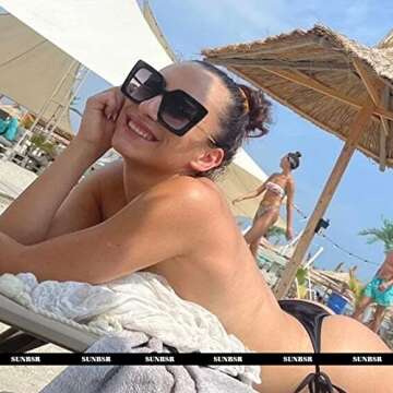 SUNBSR Fashion Oversized Square Sunglasses for Women Classic Big Frame Trendy Cute Cat Eye Style Sunnies (Black/Grey Gradient)