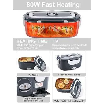 Buddew Electric Lunch Box 80W Food Heater for Adults, 12/24/110V Portable Lunch Warmer Upgraded Heated Lunch Box for Car/Truck/Office with SS Fork&Spoon and Insulated Carry Bag (White)