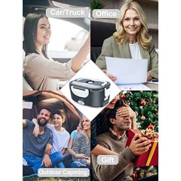 Buddew Electric Lunch Box 80W Food Heater for Adults, 12/24/110V Portable Lunch Warmer Upgraded Heated Lunch Box for Car/Truck/Office with SS Fork&Spoon and Insulated Carry Bag (White)