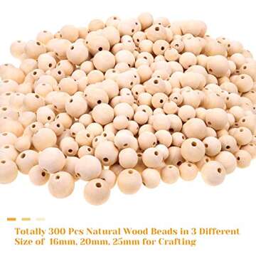 300Pcs 16mm 20mm 25mm Natural Wood Beads for Crafts, Paxcoo Unfinished Wooden Loose Spacer Beads for Crafts, Necklace Garland Making
