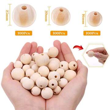 300Pcs 16mm 20mm 25mm Natural Wood Beads for Crafts, Paxcoo Unfinished Wooden Loose Spacer Beads for Crafts, Necklace Garland Making