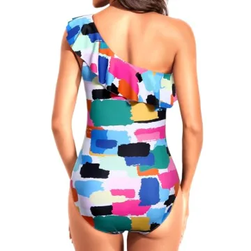 Tempt Me Women Color Block One Piece Swimsuits Tummy Control One Shoulder Bathing Suits Ruffle Swimwear X-Large