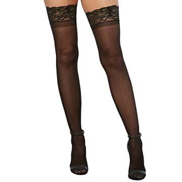 Dreamgirl Women's Sheer Thigh High Pantyhose, Hosiery, Nylons, Stockings With Comfort Lace Top Anti-Slip Silicone Elastic Band, Black, One Size