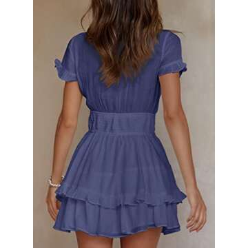 Happy Sailed Women Summer Dress 2023 Short Sleeve Front Knot V Neck Elastic Wasit Ruffle Swing Mini Dresses