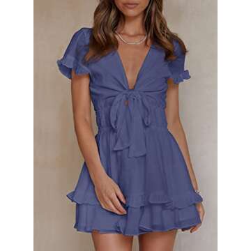 Happy Sailed Women Summer Dress 2023 Short Sleeve Front Knot V Neck Elastic Wasit Ruffle Swing Mini Dresses