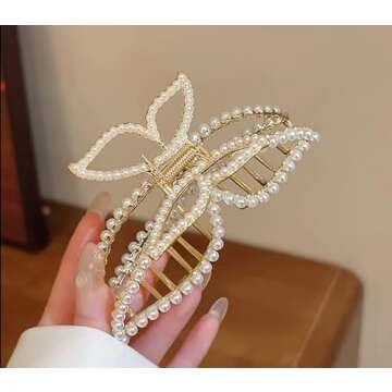 Butterfly Hair Claw Clips Set - 7 Pack Large Banana and Pearl Claws for Thin, Thick, Curly Hair, Gift for Mom or Wife, Christmas Hair Accessories