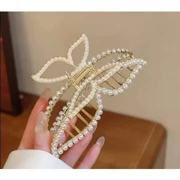 Butterfly Hair Claw Clips Set - 7 Pack Large Banana and Pearl Claws for Thin, Thick, Curly Hair, Gift for Mom or Wife, Christmas Hair Accessories