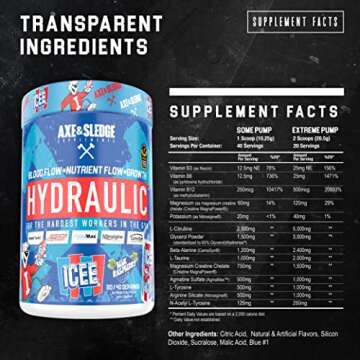 Axe & Sledge Supplements Hydraulic Stimulant-Free Pre-Workout Powder, ICEE Blue Raspberry, 40 Servin...