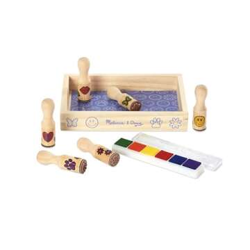 Melissa & Doug Happy Handles Wooden Stamp Set: 6 Stamps and 6-Color Stamp Pad - Kids Stamp Packs With Washable Ink, Easy To Hold Stampers For Kids Ages 4+