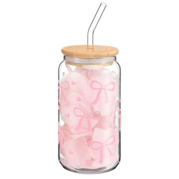 Hoolerry Coquette Bow Aesthetic Cup - 16 oz Pink Glass Cup with Lid and Straw for Women