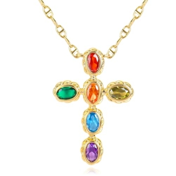 Gold Multi-Gemstone Cross Pendant Necklace for Women, Stabilized Crystal Zircon Rope Bezel Set Cross...