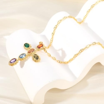 Elegant Gold Multi-Gemstone Cross Pendant Necklace