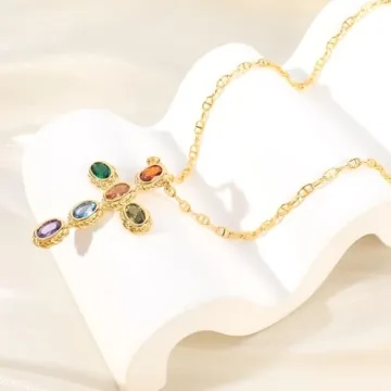 Elegant Gold Multi-Gemstone Cross Pendant Necklace